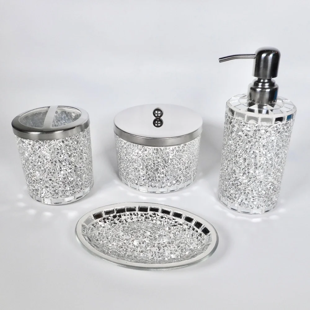 4 pc Mosiac Silver Mirror Glass Soap Dispenser Dish Jar Toothbrush Holder Bling